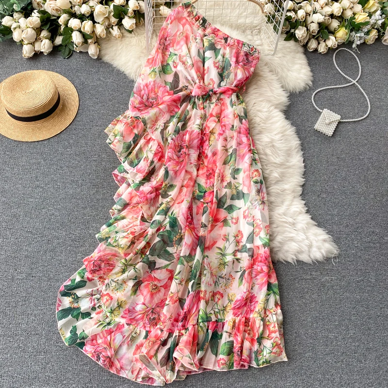 New arrival Summer Boho Floral Dress Chiffon Women Floral Maxi Dresses Summer One Shoulder Chiffon Korean Dress Floral