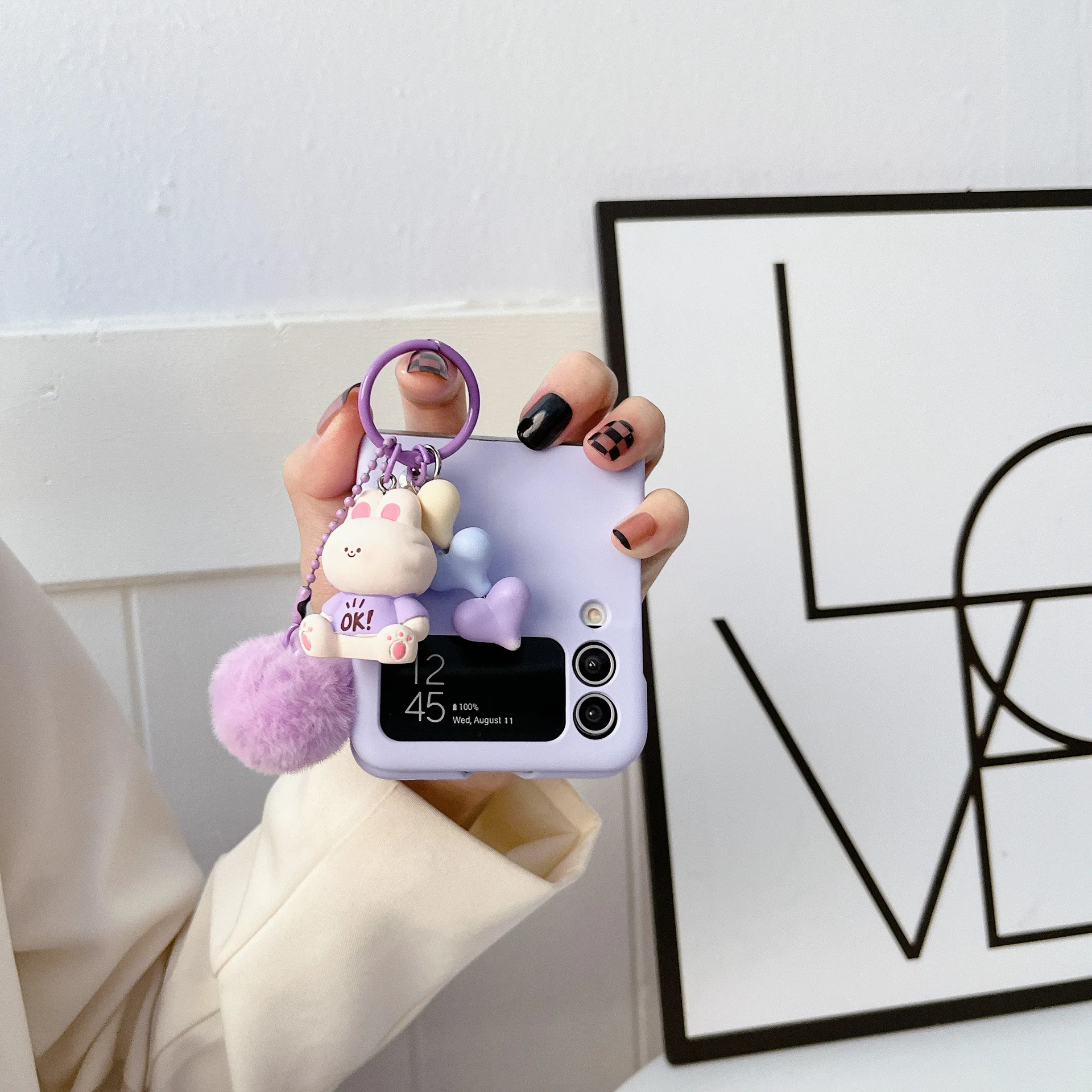 3D Cute Cartoon Rabbit Bear Folding Phone Case For Samsung Z Flip 3 4 5 Anti-lost Love Heart Keychain For Galaxy Z Flip 1 2