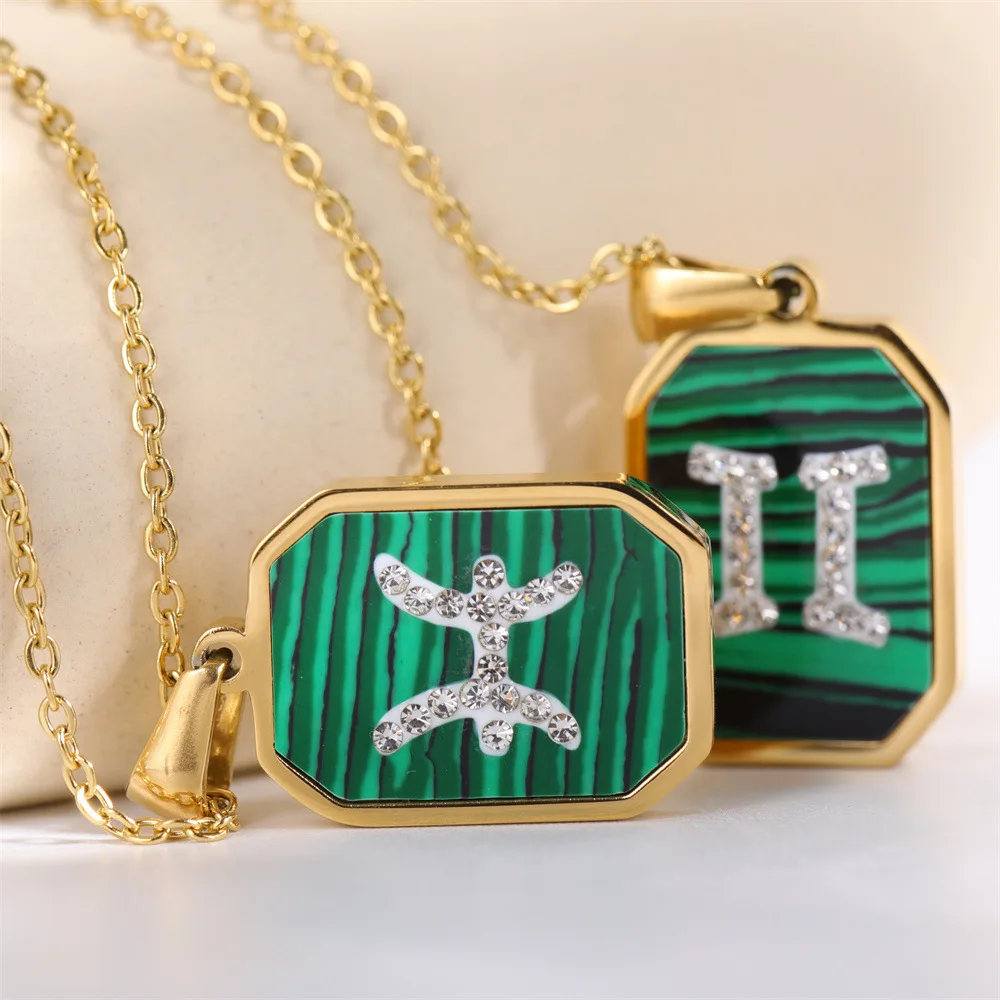 New Style Green Malachite Zircon Stone Necklace 18k Gold Plated Women Square Horoscope Zodiac Necklace