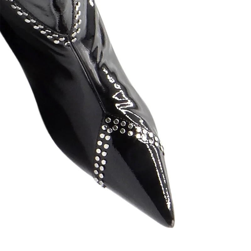 Custom Sexy Midi Boots Manufacturer Designer Shiny Black Rivet Kitten Heel Midi Boots Custom Rivet Pointed Toe Party Midi Boots