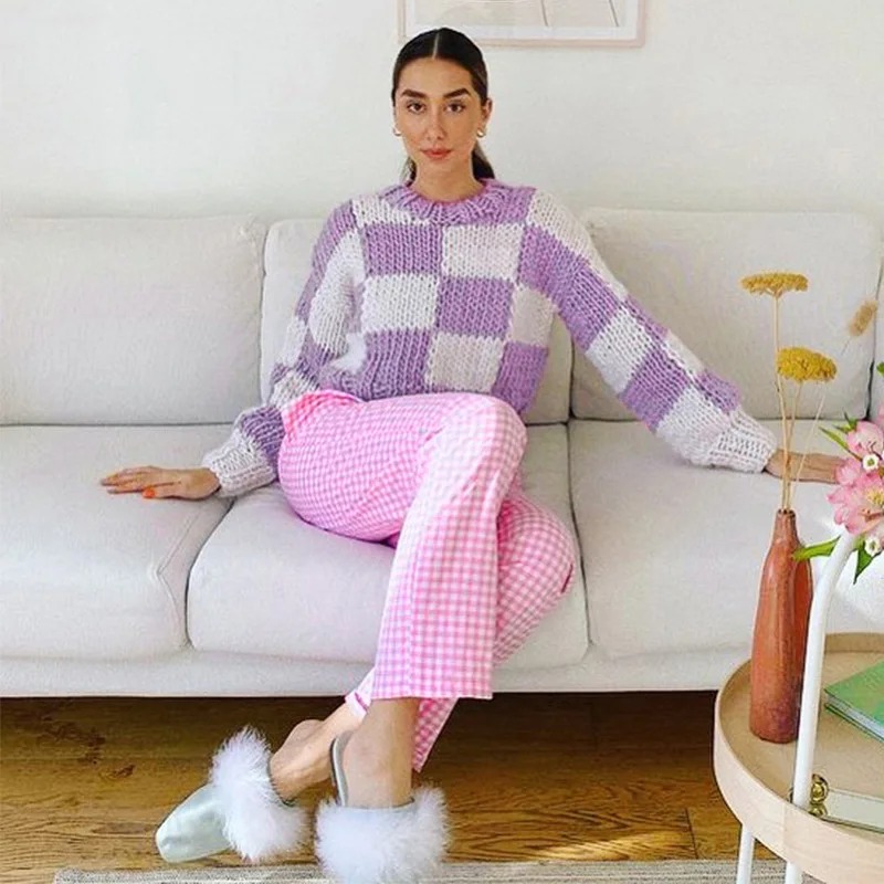 Женские свитера 2021 зимний клетчатый Вязаный топ с длинными рукавами пуловер Свободный укороченный вязаный свитер свитера с вырезом лодочкой женские топы