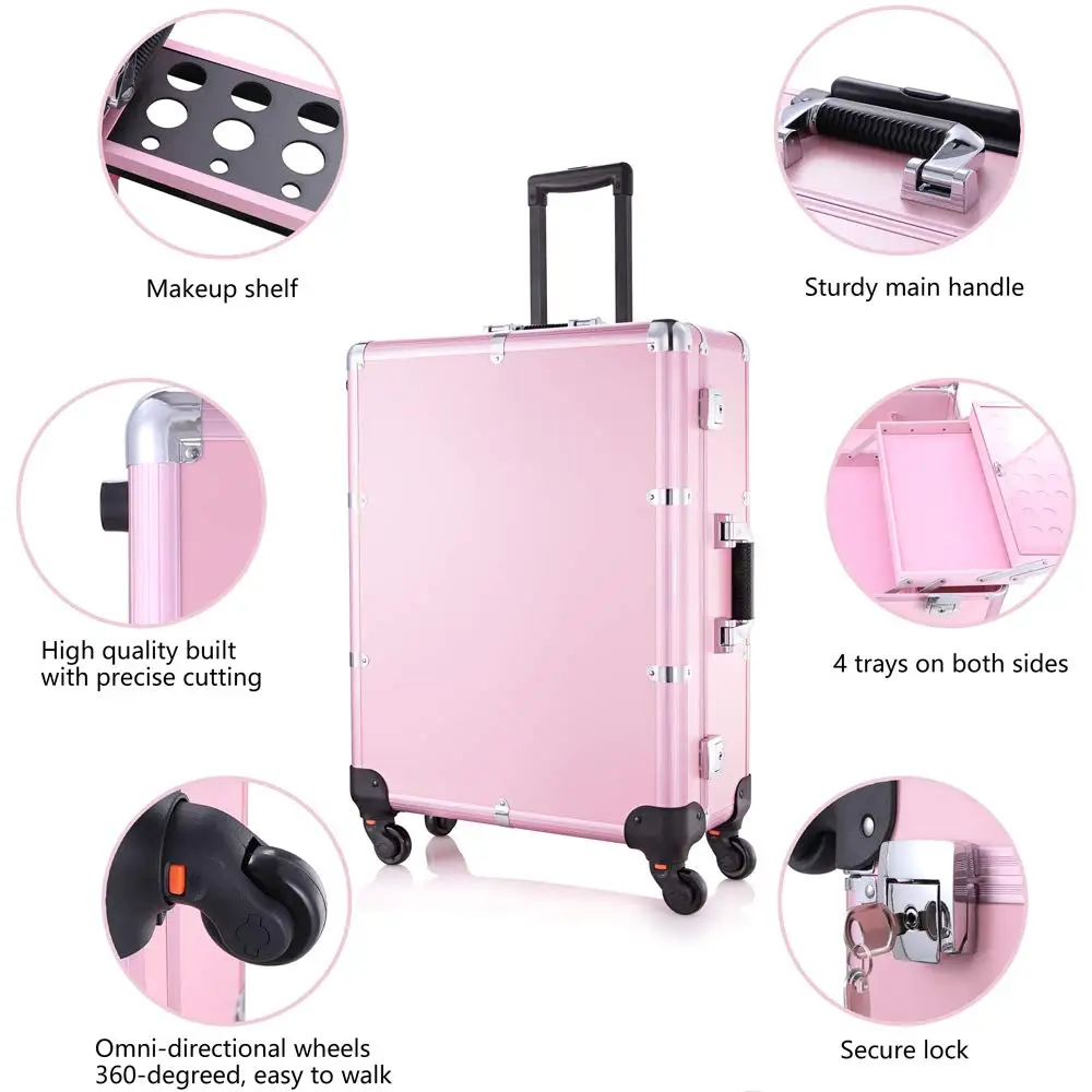 Aluminum Rolling Beauty Trolley Case Lighted Bulb Makeup Train Case Cosmetic with Wheeled Secure Lock