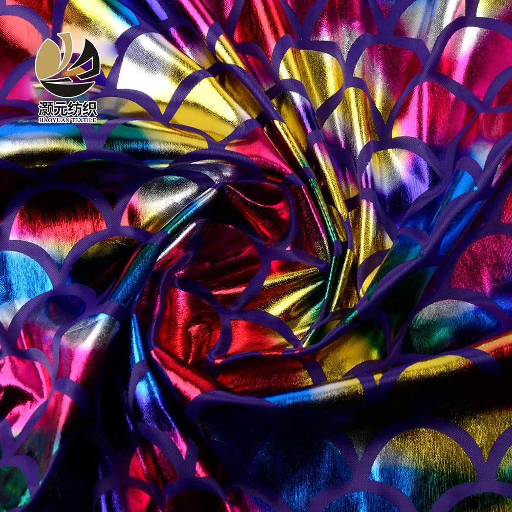 Cheap shiny polyester rainbow clothing fabric knitting suppliers with fish scale pattern for women dress