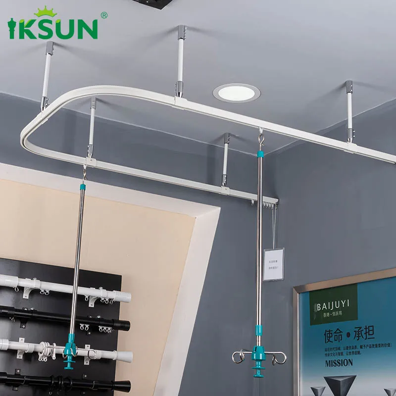 Iksun manual bending flexible top ceiling mounted l shape sliding bendy curtain rail for bay window