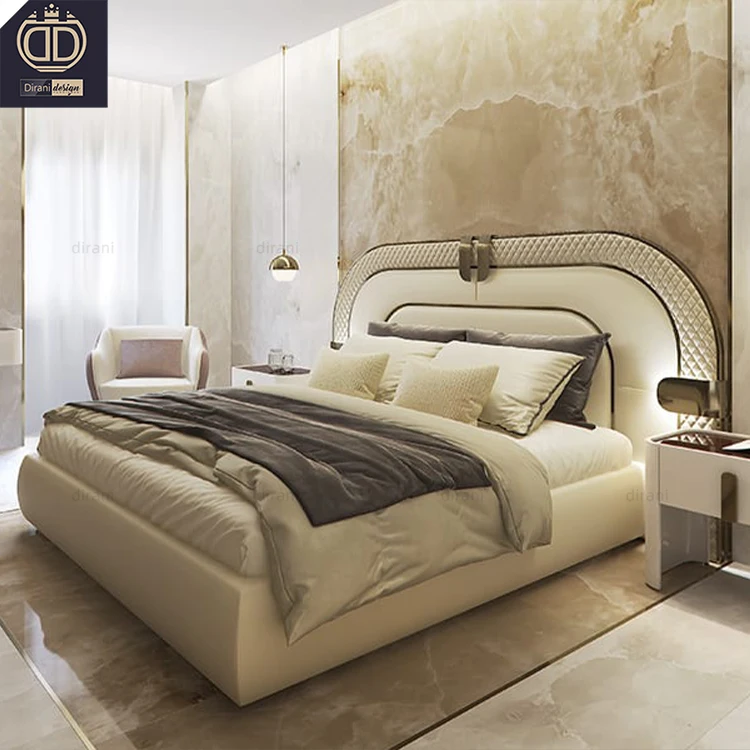 modern white leather curved shape back bed frame headboard upholstered king queen size luxury curved bed