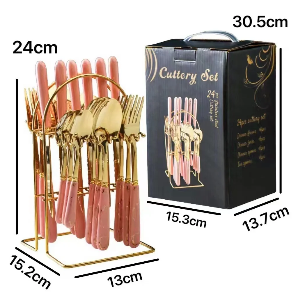 Classic 24 PCS Bulk Luxury Gold Chef Knives Flatware Gift Set Marble Handle Stainless Steel Cutlery Set