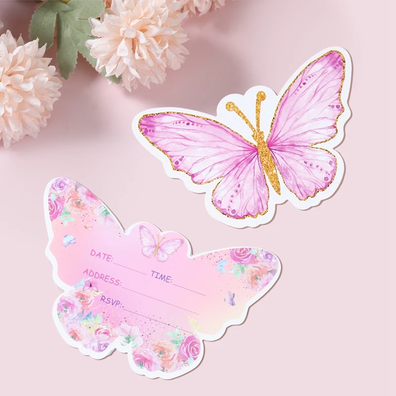 Dinosaurs Animals Girls Kids Baby 1st Birthday Butterfly Shape Happy Birthday Invitation Greeting Card Postcard Party Supplies