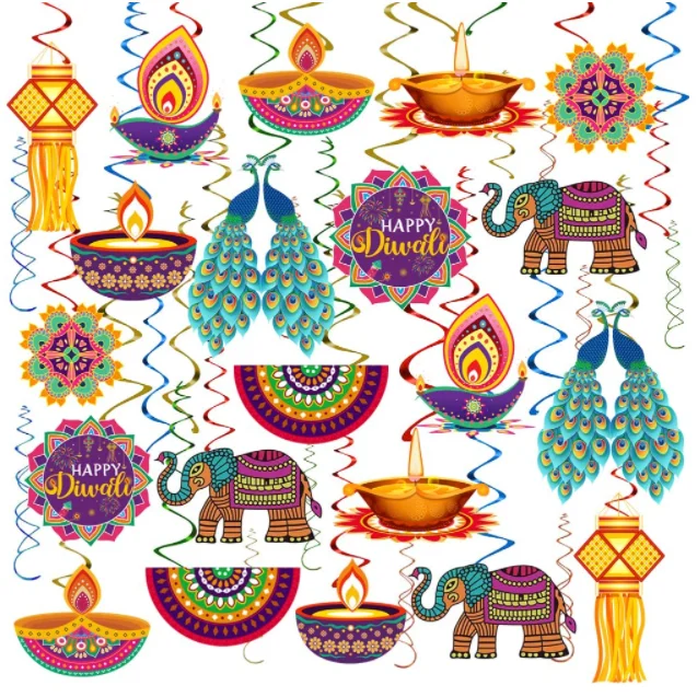 Фон для вечеринки «Счастливый Дивали» павлин ранголи Ганеша дийские потолочные завитки индуистские украшения гирлянда фестиваль огней Декор