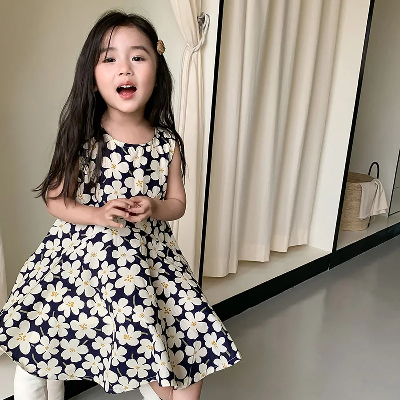Yalindars Summer New Kids Sundress Sleeveless Floral Princess Dress with O-Neck Collar Long Knee-Length Sweet Pattern Design