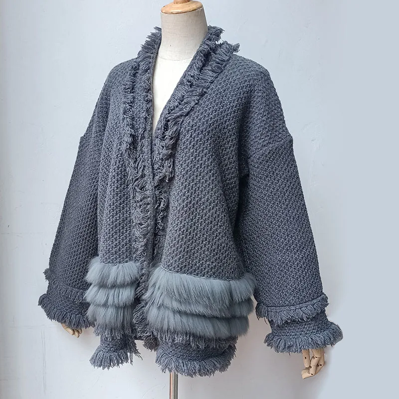 2024 New Plus Size Knitted Cardigans With Real Fur Trim Casual Loose Female Knit Open Stitch Outwear With Tassel