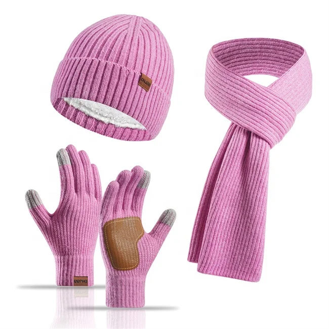 Top Quality Winter Warm Knit Beanie Hat Touchscreen Nonslip Gloves Long Neck Scarf Set with Fleece Lined Skull Cap for Women Men