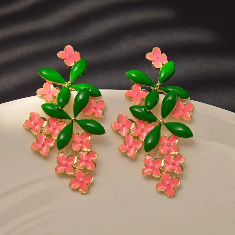 Elegant Women Zinc Alloy Clear Style Enamel Country-Style Gifts Leaves Pink Flower Earrings