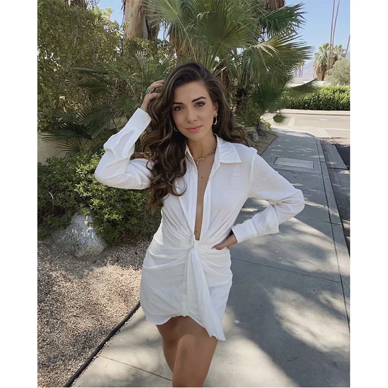 2022 New Style Autumn Clothing Women White Knotted Satin Dresses Sexy Ladies Shirt Dresses Long Sleeve Dress