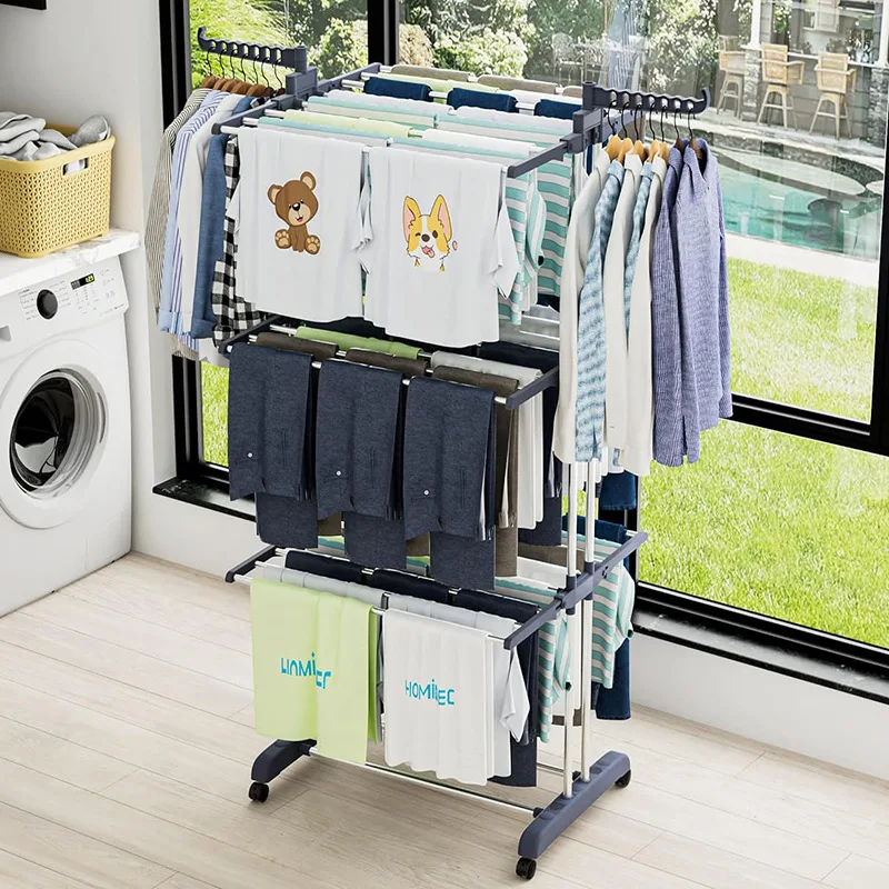 3-Tier Retractable Clothes hanger Foldable Plastic Dryer Rack Tube Metal Clothes Hanging Laundry 3 Tier Retractable