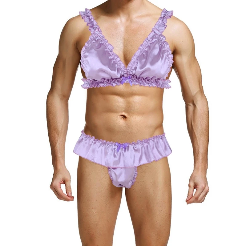 Мужские атласные комплекты бикини, блестящая мягкая одежда для сна с рюшами, бюстгальтер с оборками, топ, стринги, комплект нижнего белья