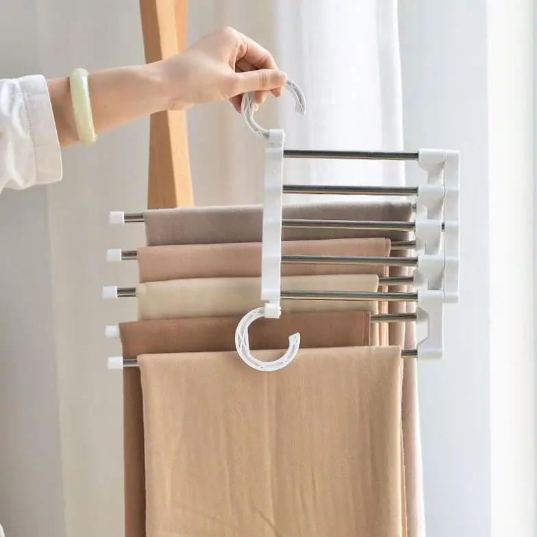 2021 Hot sale Stainless Steel Space Saving Wardrobe Multi-layer Milk White Folding Pants Hanger