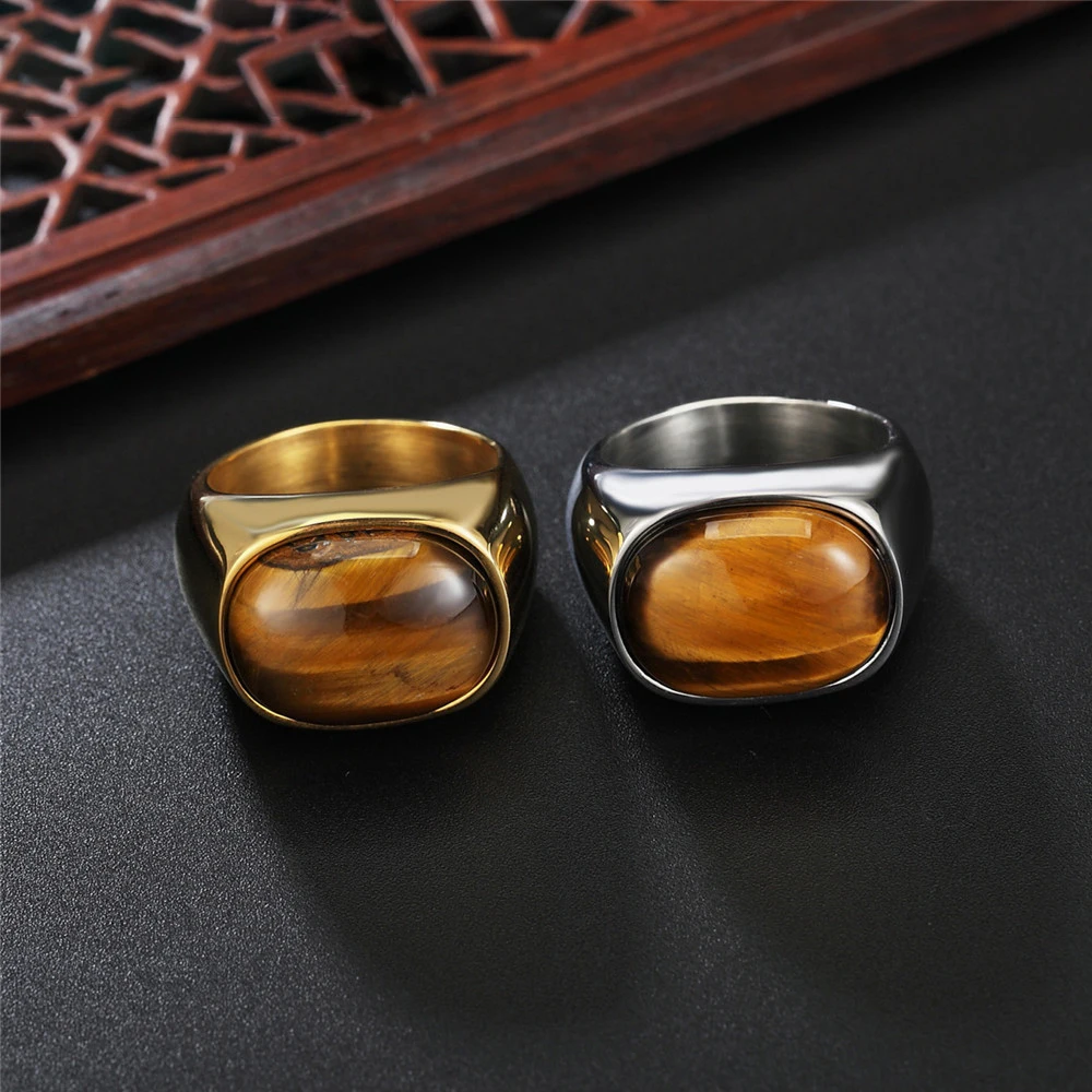 Retro Schmuck Anillo Stainless Steel Domineering Gold Silver Oval Tiger Eye Stone Rings for Men