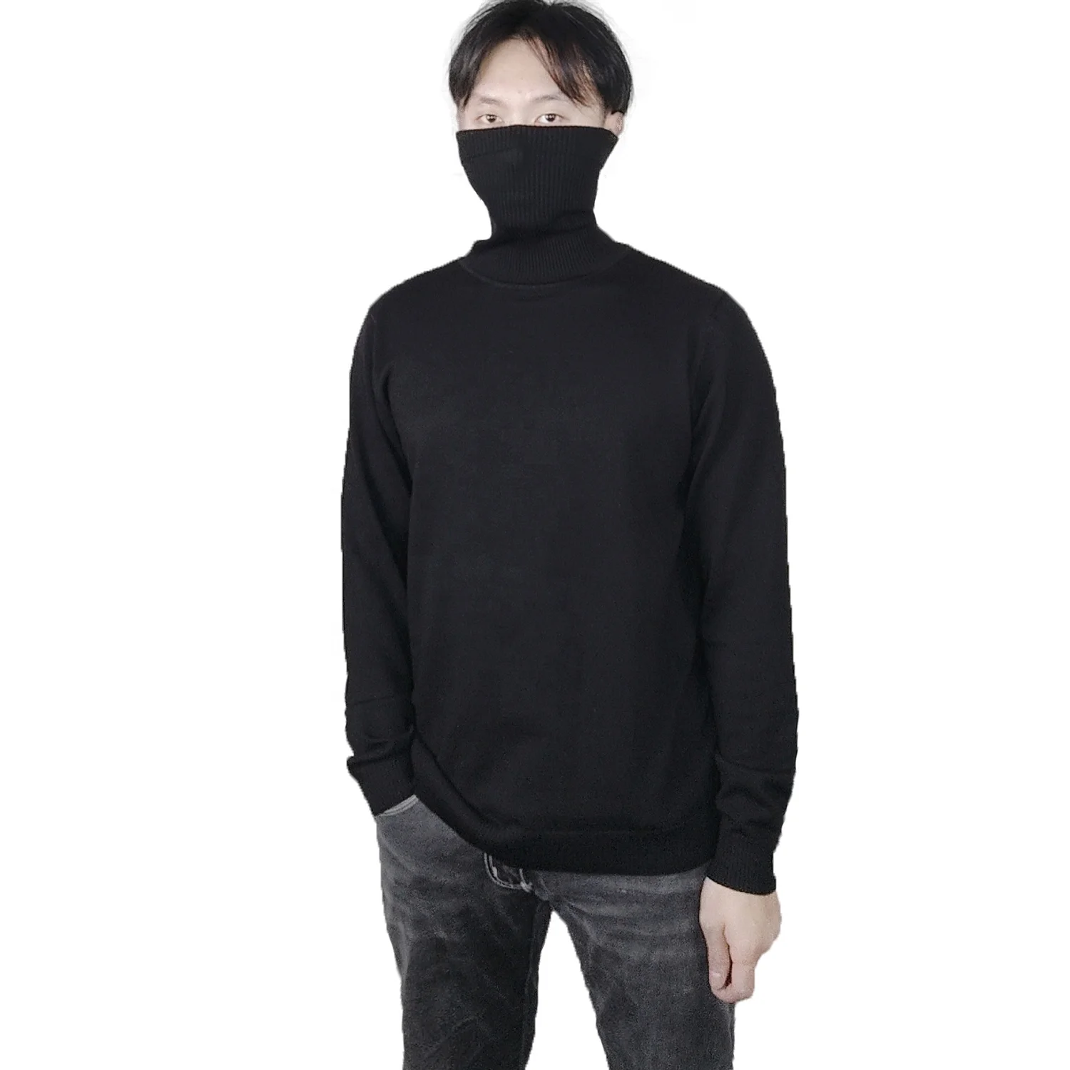 
black knitted sweater for men pullover/korean men masked knit wear turtleneck male knit sweater casual/plain mens sweaters 
