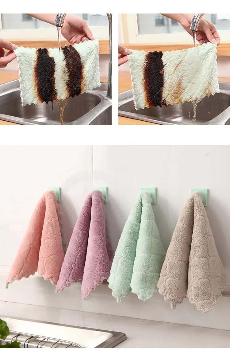 Kitchen Double-sided Cleaning Cloth Thickened Plus-sized Coral Fleece Dishcloth Absorbent Oil-free Cleaning Bowl