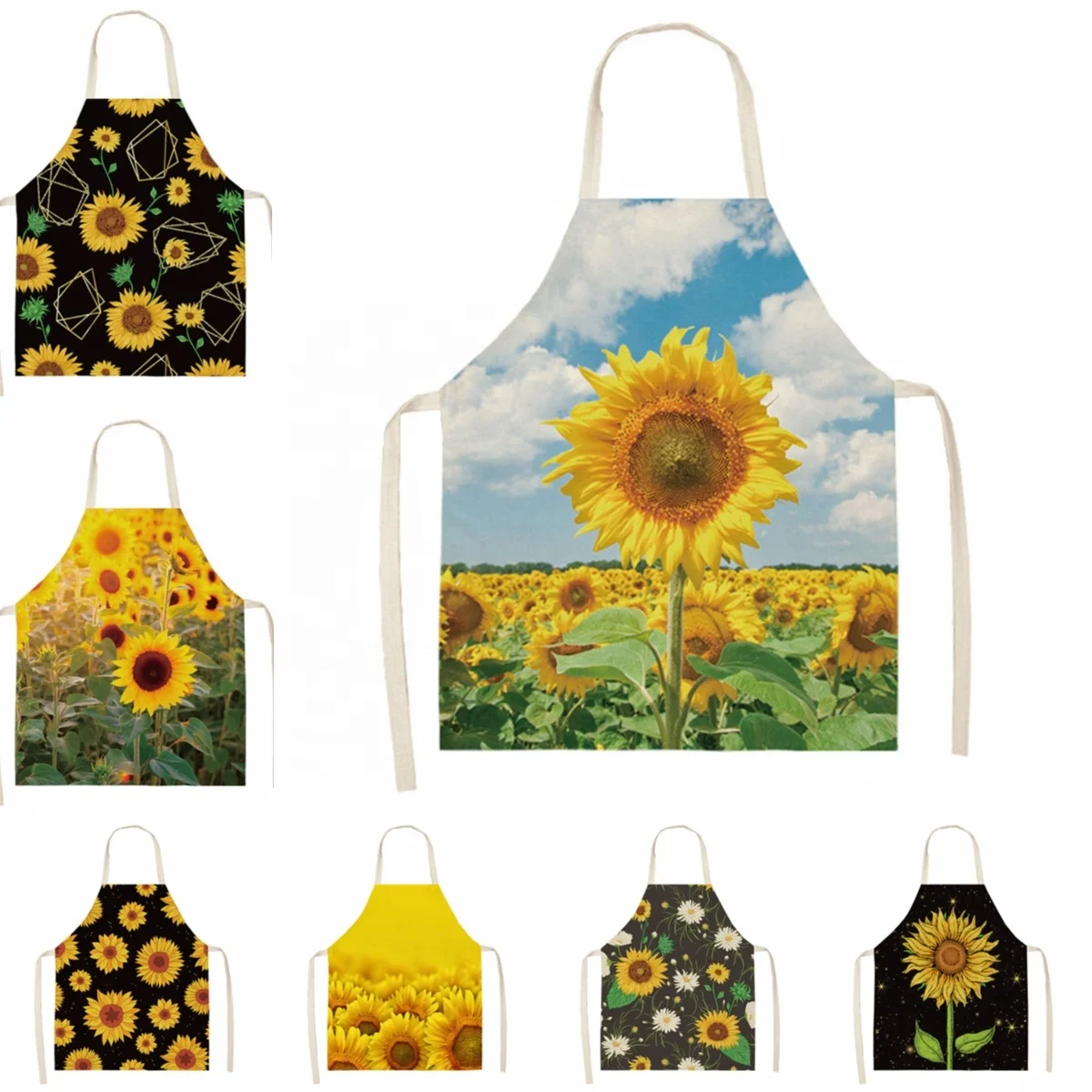 Sunflower printed custom linen adult aprons for home cleaning cooking kitchen Women apron chef baking Restaurant Waiter