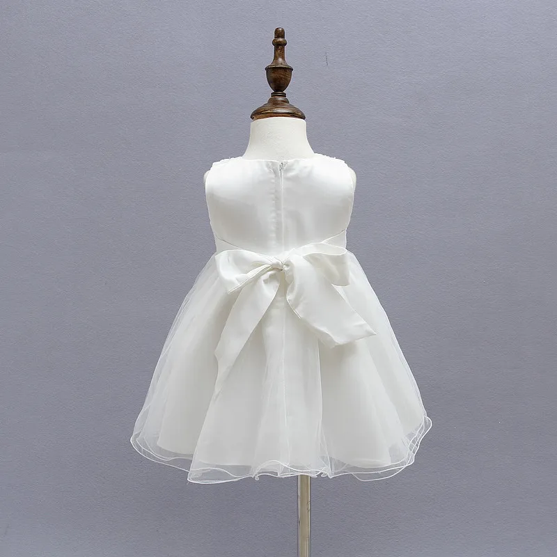 Fashion White Lace Net Yarn Sleeveless Babies Baptism Dresses 6-12 Months Old