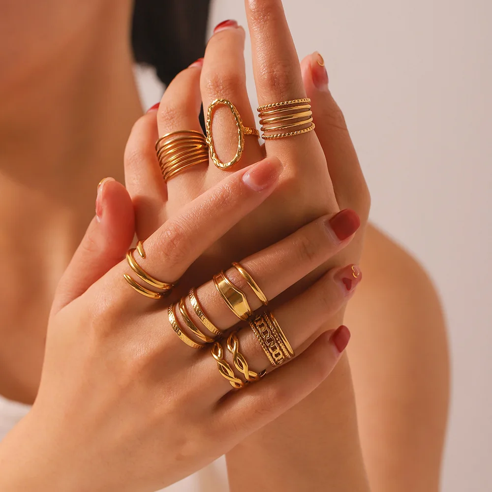 Custom Cheap Low Price Stainless Steel 18K Gold Plated Waterproof Open Adjustable Geometric Finger Rings For Women