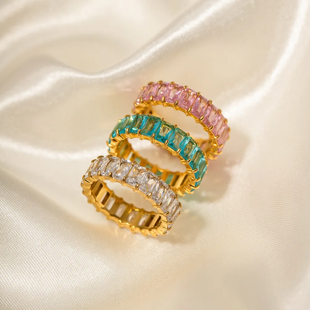 Custom tennis ring womens fashion jewelry wedding jewelry gift colorful lab-grown diamonds baguette ring stainless steel ring