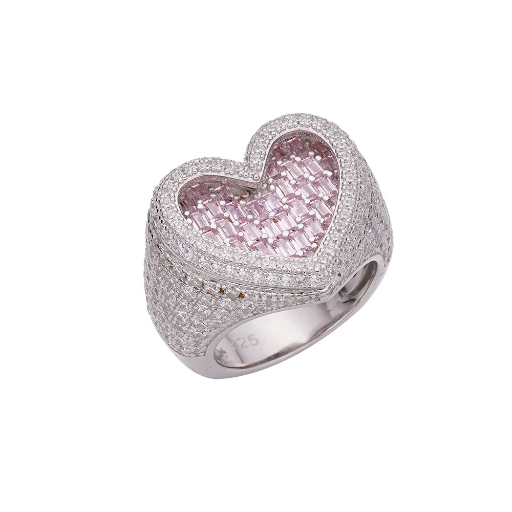 Fashion Jewelry Solid 925 Silver Iced Out Baguette CZ Diamonds Ladies Pink 3D Heart Ring
