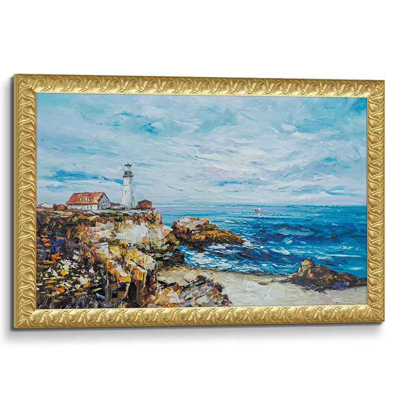 Cloudy Lighthouse Rocky Sea Coast, 3D oil paintings pinturas views