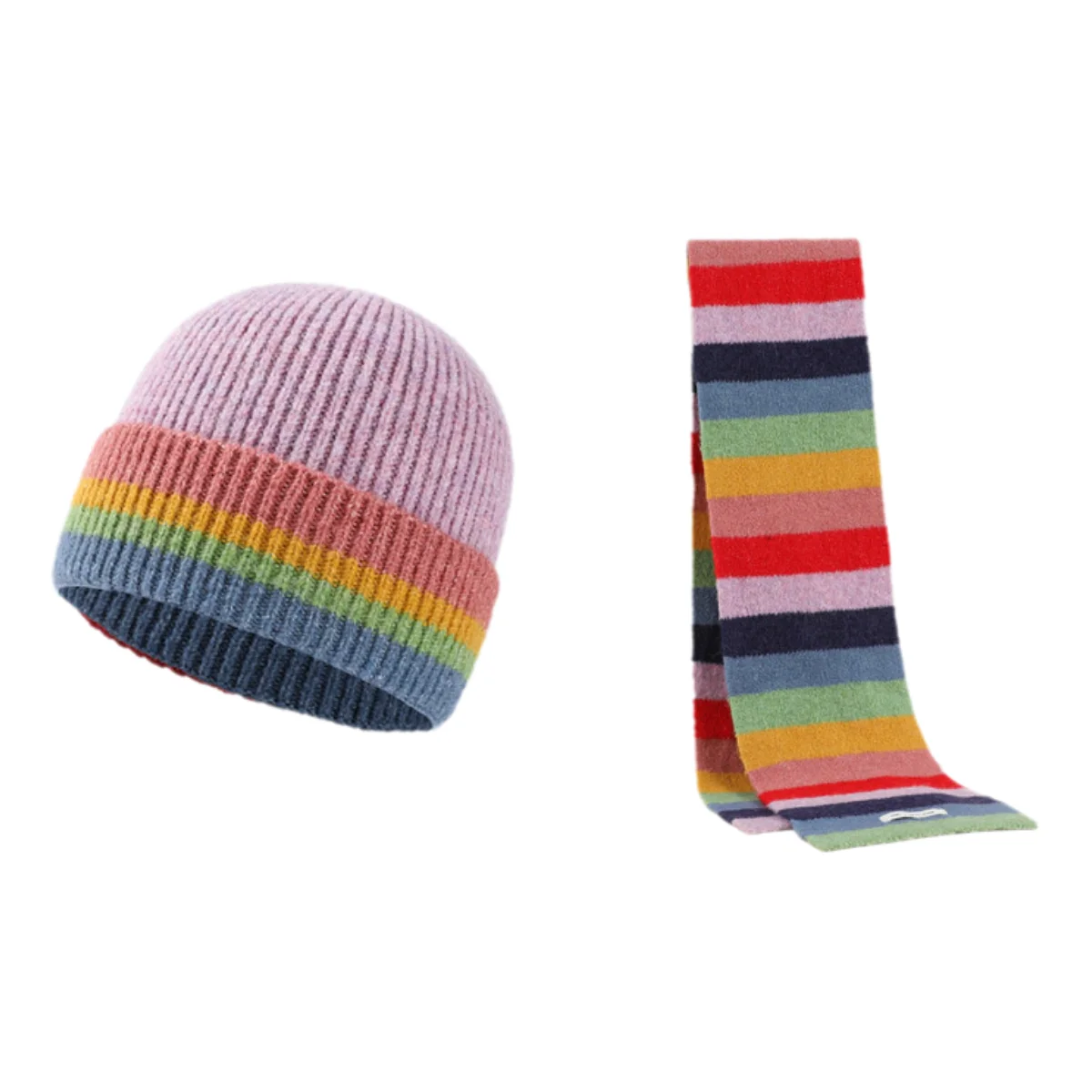 Cute Kids Winter Hat Scarf Set Girls Boys Knit Hat Long Rainbow Scarf Outdoor Beanie Cap