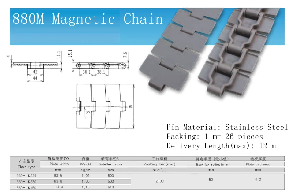 High Quality Cheap Price 880M Magnetic turning chain  conveyor chain