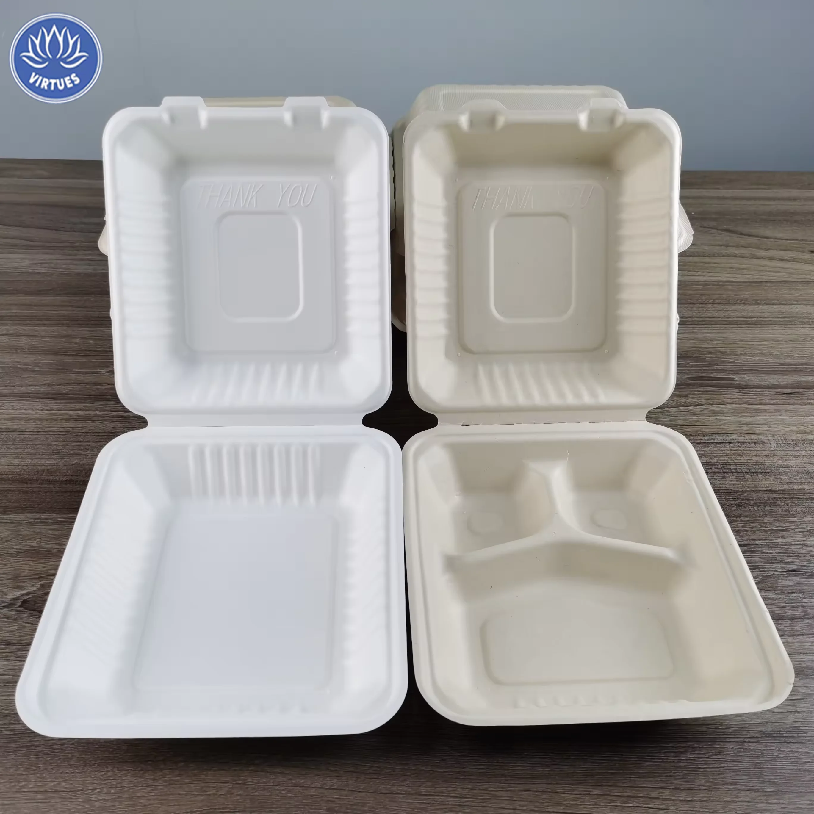 VIRTUES Custom Sugarcane Pulp Bagasse  8X8 Inch 3 Compartment Clamshell  Box Lunch Tableware Products Food Packaging Container