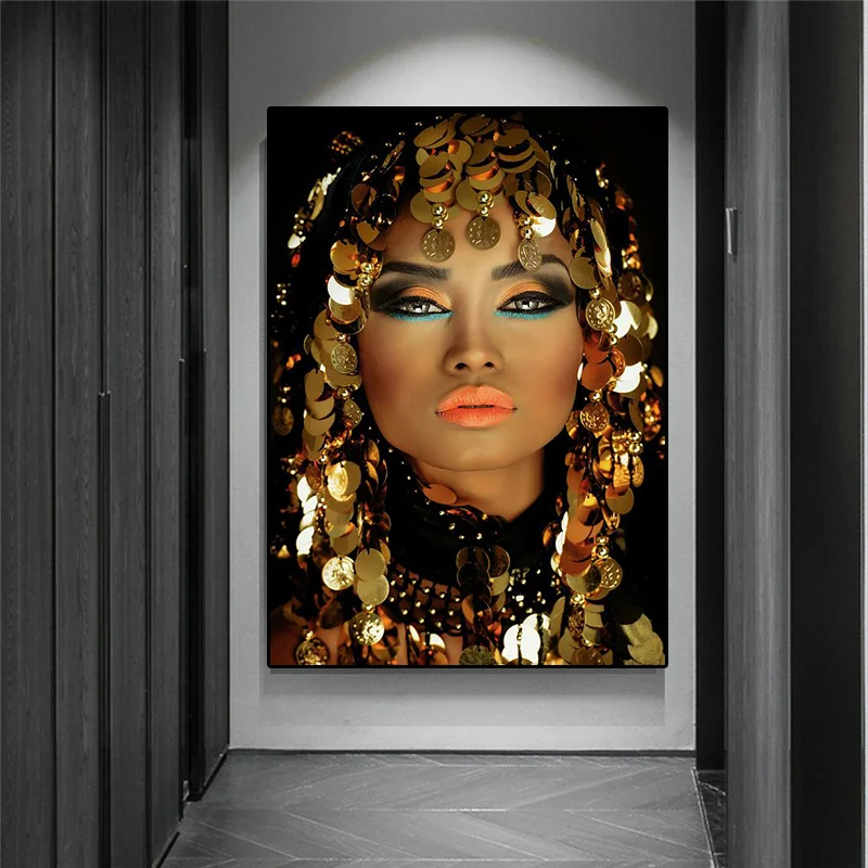 Home Decor African Woman with Makeup Wearing Sequin Headscarf Painting Posters Scandinavian Wall Art