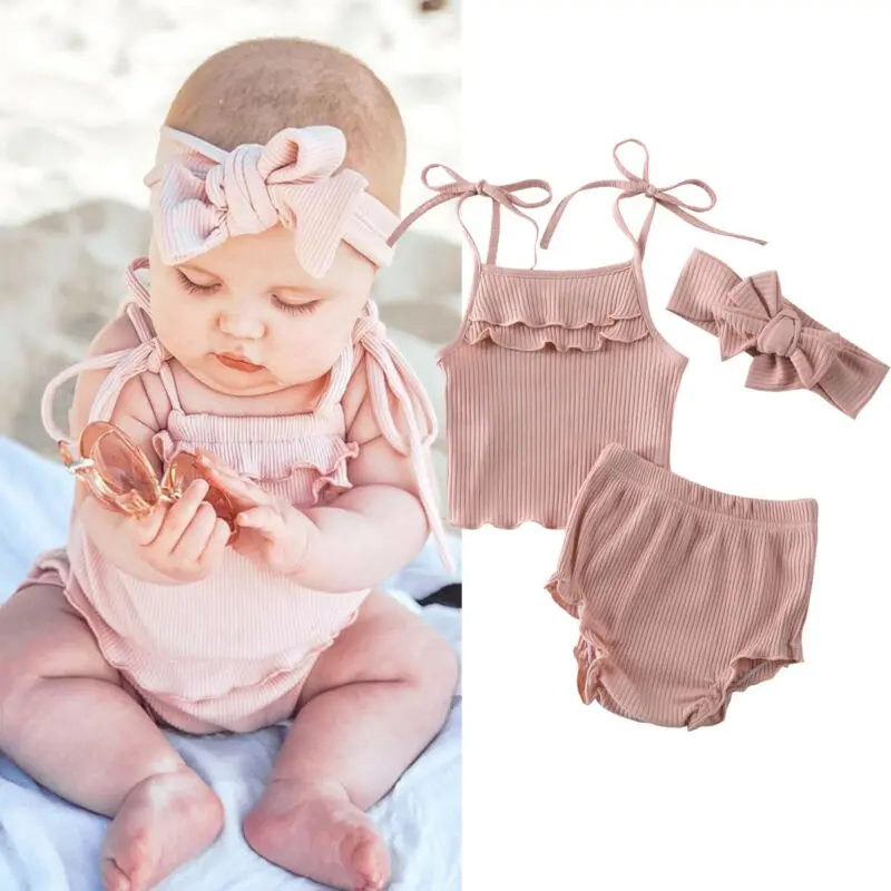 
Baby Summer Clothing Newborn Infant Baby Girl Knitted Clothes Ruffled Vest Top Shorts Headband 3Pcs Ribbed Outfit Set hot sell 