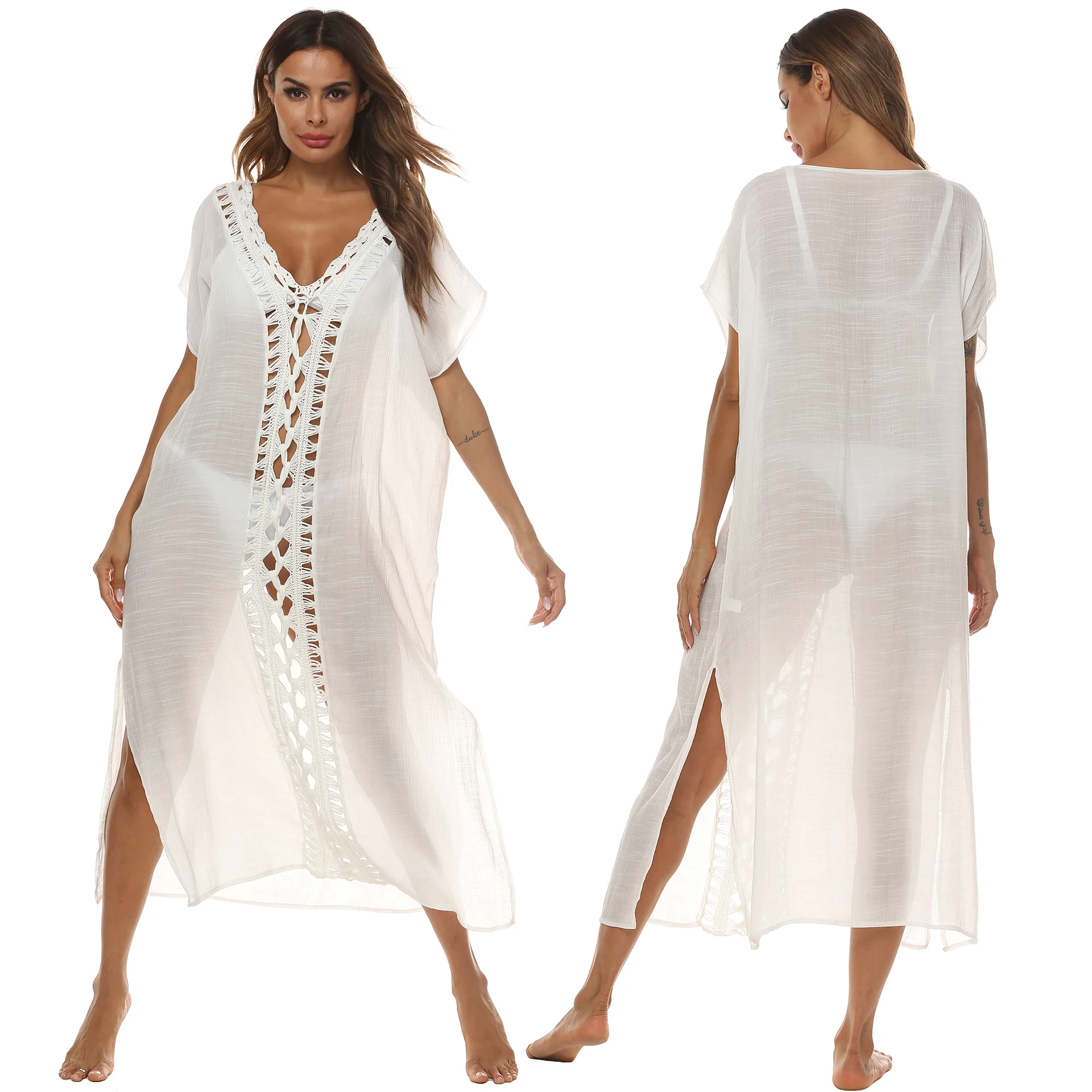 Factory Sexy Deep V Neck Loose Hollow Out Slit Swimwear Coverups Crochet Maxi Dress