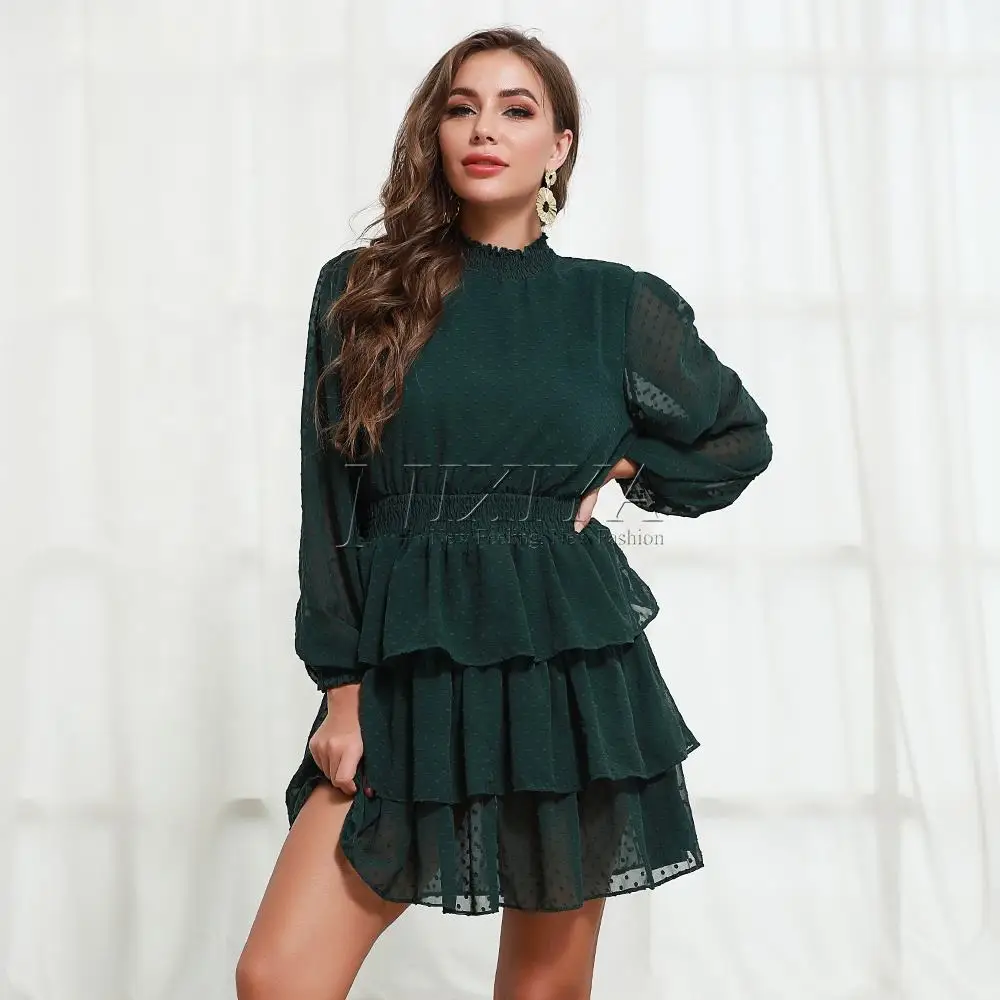 New Design Lady Summer Chiffon Cake Layer Long Sleeve Casual Dress Dark green dress