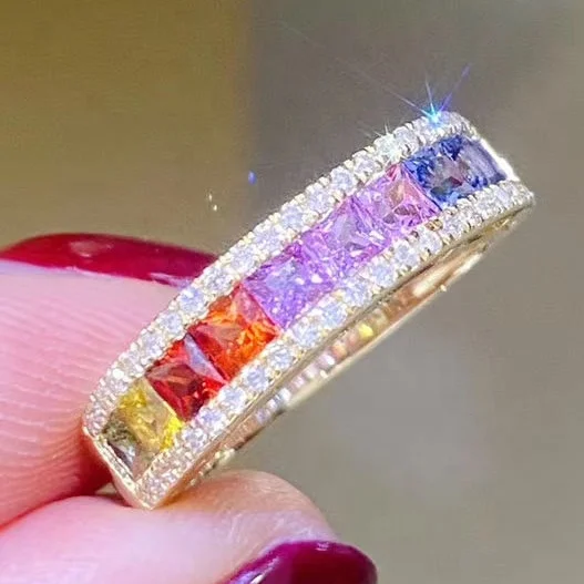 Color Sapphire Rainbow Pure 9K 10K 14K 18K Gold Jewelry Real Diamond Rings ring for women