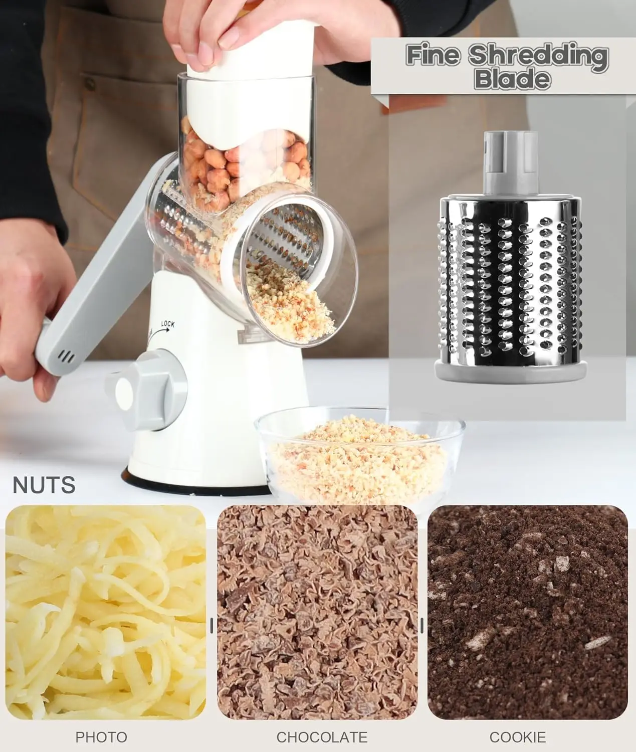 Cheese Grater Shredder, Round Mandolin Slicer with Handle and 3 Drum Blades, Kitchen Manual Vegetable Slicer Nuts Grinder