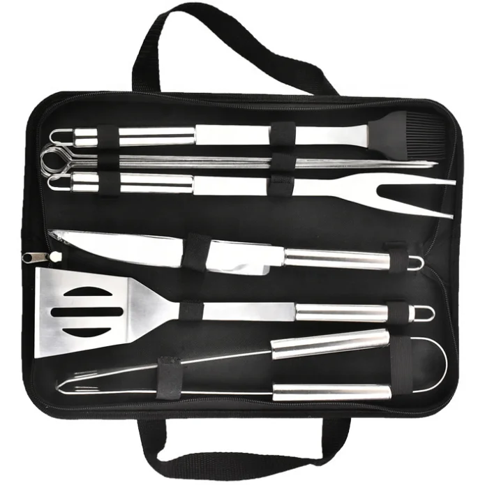 A You-must-have Grill Kit 9pcs Stainless Steel BBQ Tool Set for Barbecue or Picnic or Road Trip