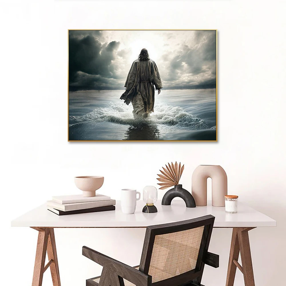 Modern Religious Home Decor Digital Download Jesus Christ Walking on Water Portrait Canvas Supported Christian Art Print