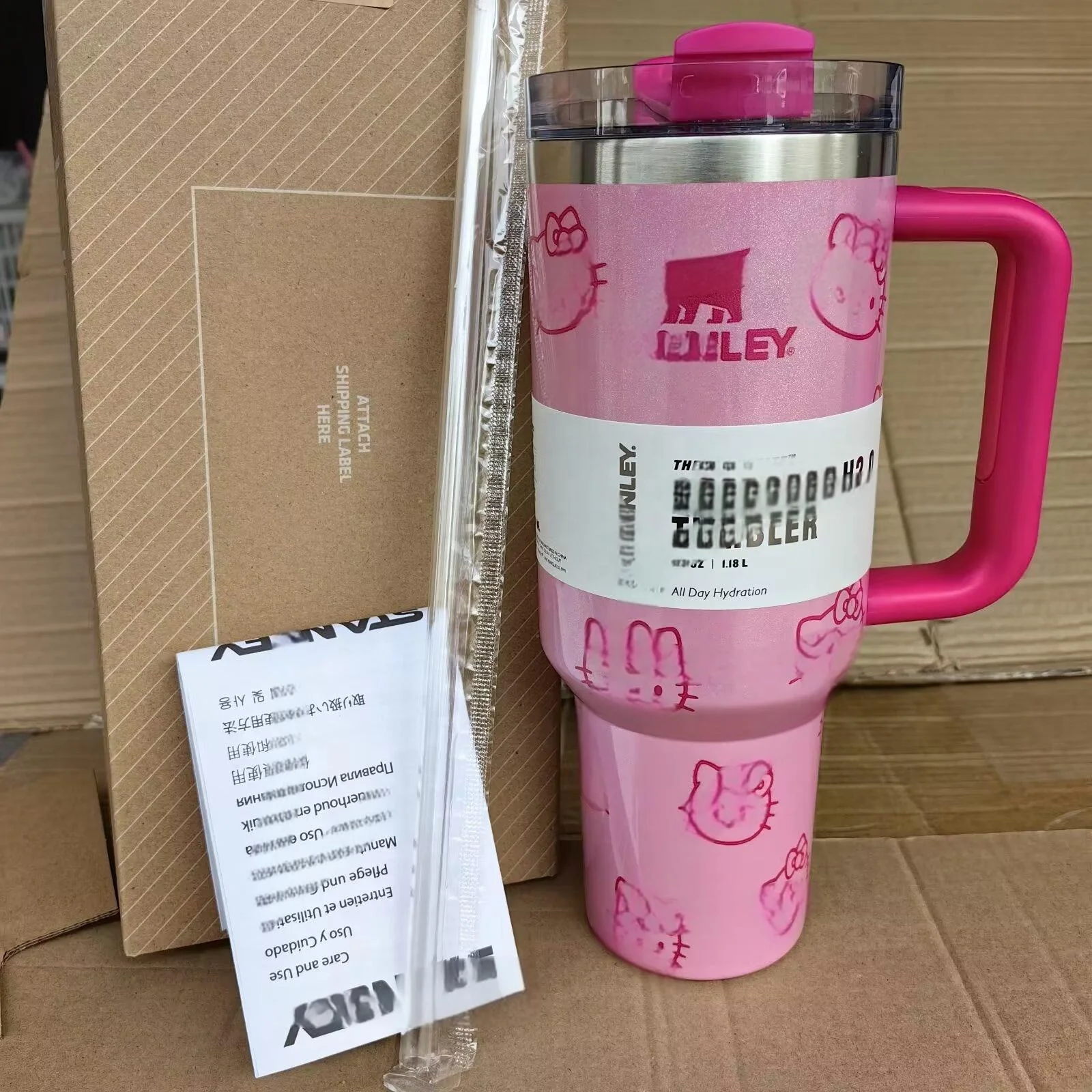 Stan*ey 40oz Stainless Steel Dual Wall Tumbler Pink Cartoon Design Insulated Water Bottle for Kids for Tea Gift with Straw Lid