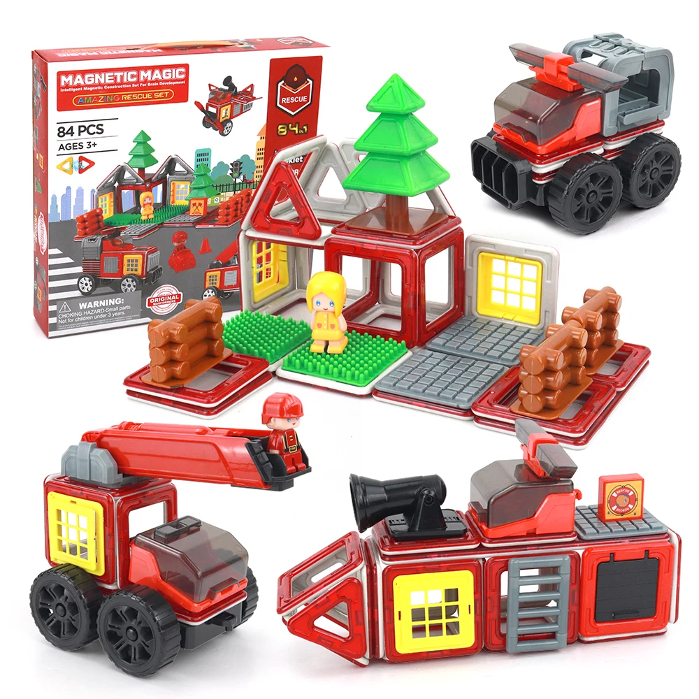 High Quality Educational Toys DIY 84PCS 3D Construction Set fire truck Toys Magnetic Building Blocks Set for Kids