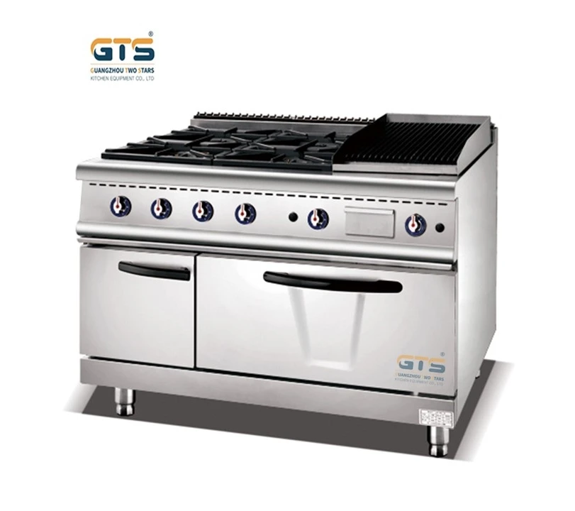 Commercial Gas Range 4 Burners Cooker stove with Lava Rock Grill and Gas Oven 1200mm Cooking Luxury Restaurant Kitchen Equipment