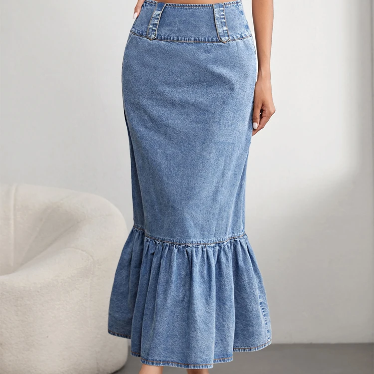 High Waist Mermaid Hem Denim Skirt Cute Casual Print Maxi Length Pockets Button Decor Summer Autumn Washed Pencil Straight