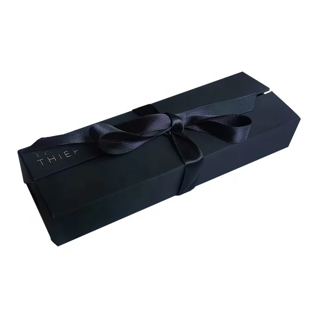 Custom black soft touch paper box gold stamping logo gift box pen packaging with ribbon closure