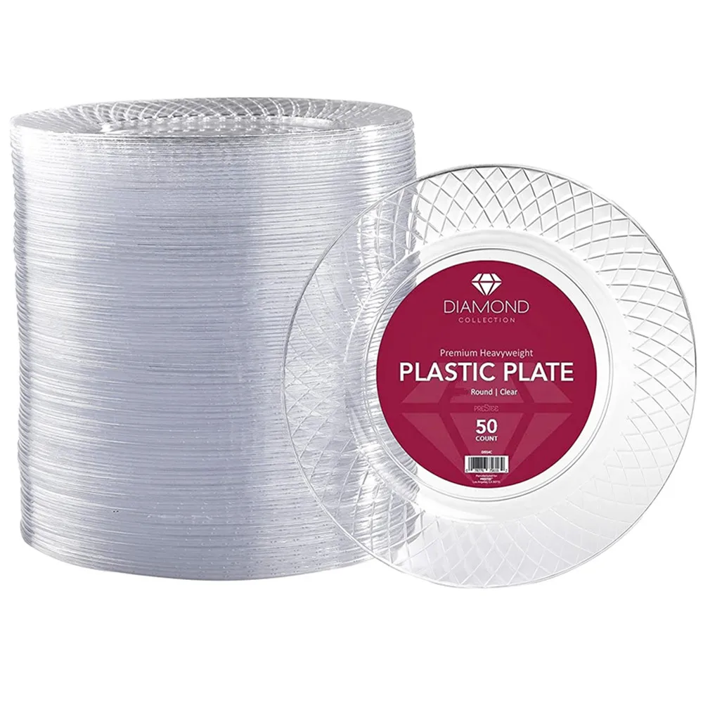 Disposable  Crystal Clear Diamond Plastic Plate Set 6.25 Inch Fancy Hard Round Heavy Duty for Wedding Party