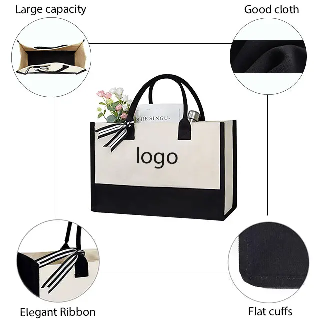 Wholesale recyclable reusable cotton canvas tote bag shopping canvas bag with cotton handle Custom Logo Tote canvas beach bag