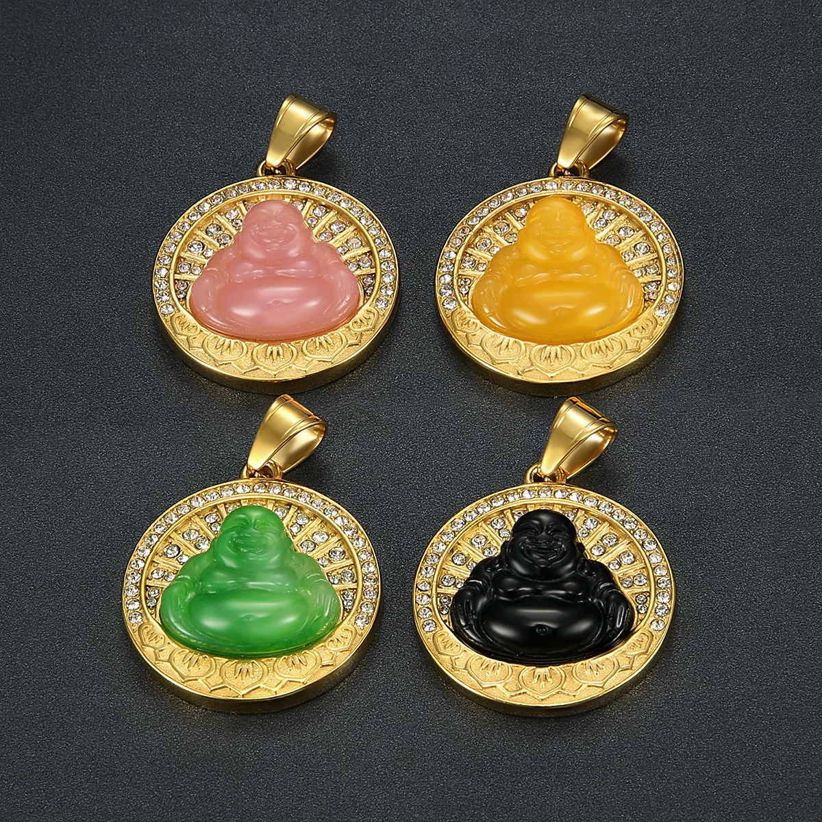 34*34mm round pendant stocks 18k gold Iced out stainless steel carved jade buddha
