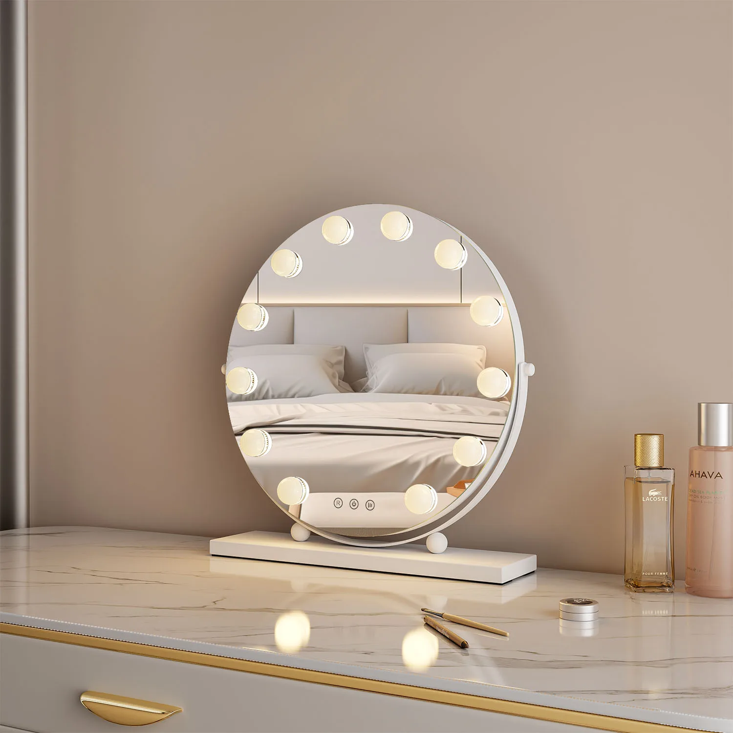 Custom Wholesale White Desktop Tabletop Round Cosmetic Make Up Bulb Makeup Led Hollywood Vanity Mirror With Lights