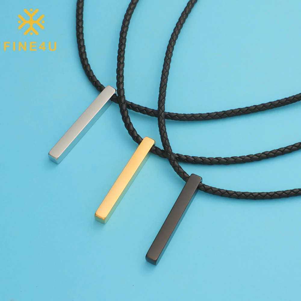 Custom Jewelry Colares Personalizados Braided Leather Chain Blank Engraved Stainless Steel 3D Vertical Bar Necklace